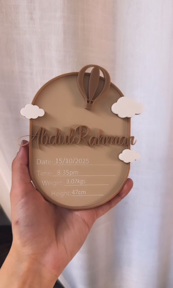 Personalised Hot Air Balloon & Cloud Announcement Plaque | With Details