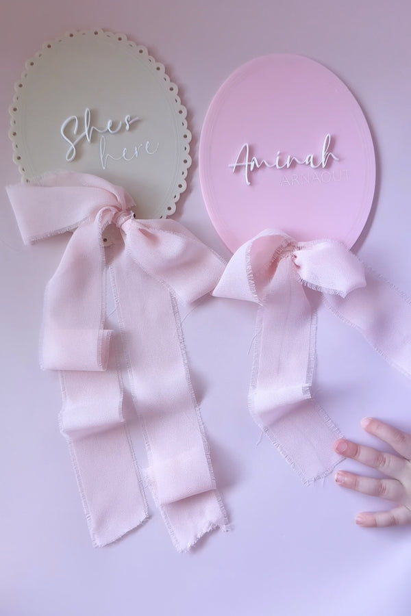 She’s Here Personalised Baby Name Announcement Plaque with Ribbon | Custom Acrylic Birth Sign | Little Dreamers Interiors