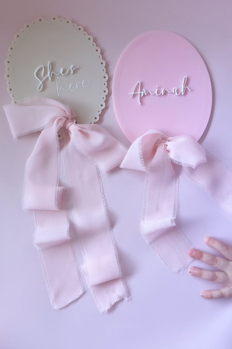She’s Here Personalised Baby Name Announcement Plaque with Ribbon | Custom Acrylic Birth Sign | Little Dreamers Interiors